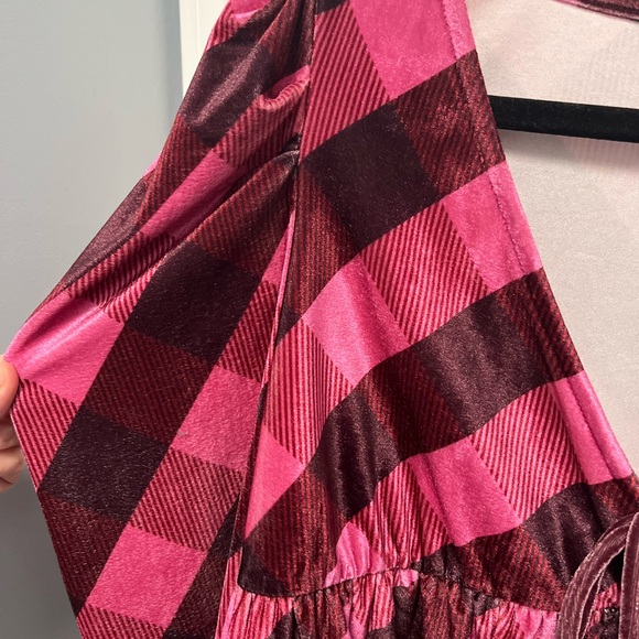 Maeve Anthropologie Velvet Babydoll Top pink brown plaid puff NWT Large - Picture 5 of 9